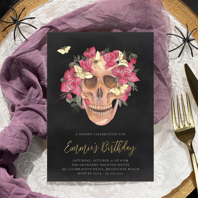 Pink Orchid Floral Skull Halloween Birthday Party (Creator Uploaded)