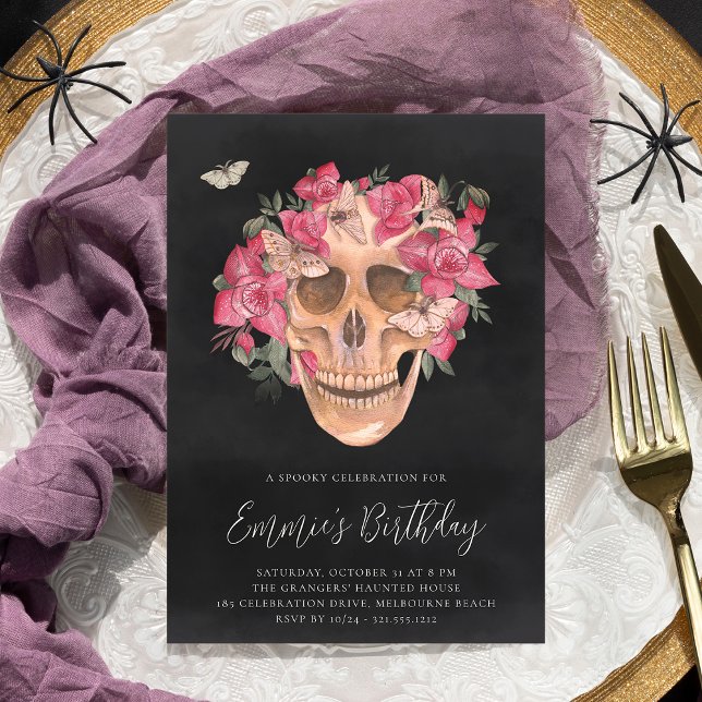 Pink Orchid Floral Skull Halloween Birthday Party Invitation (Creator Uploaded)