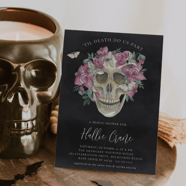 Pink Orchid Floral Skull Halloween Bridal Shower Invitation (Creator Uploaded)