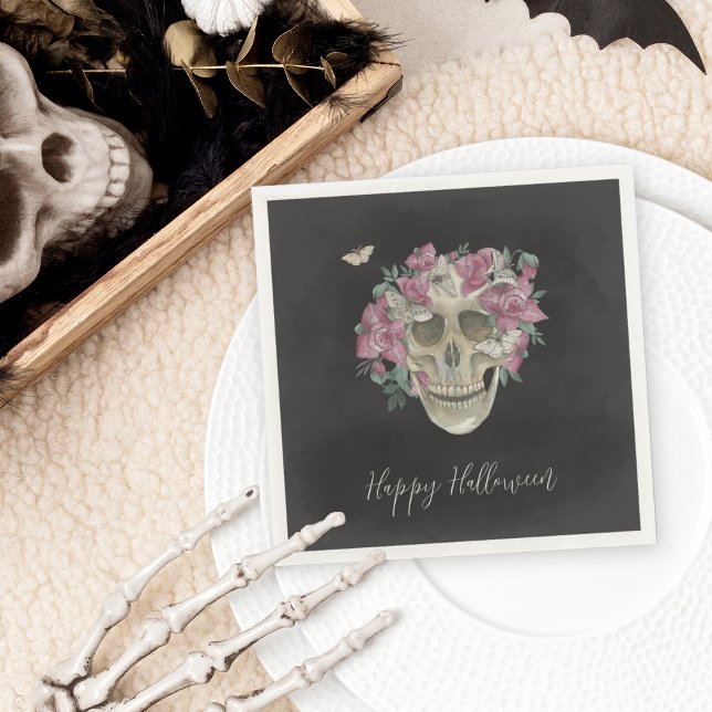 Pink Orchid Floral Skull Halloween Party Napkin (Creator Uploaded)