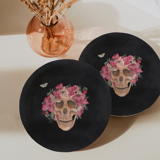 Pink Orchid Floral Skull Halloween Party Paper Plate (Creator Uploaded)