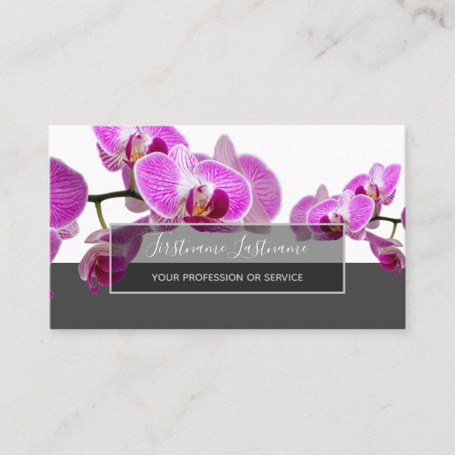 Pink orchid flower blossoms elegant grey rectangle business card (Front)