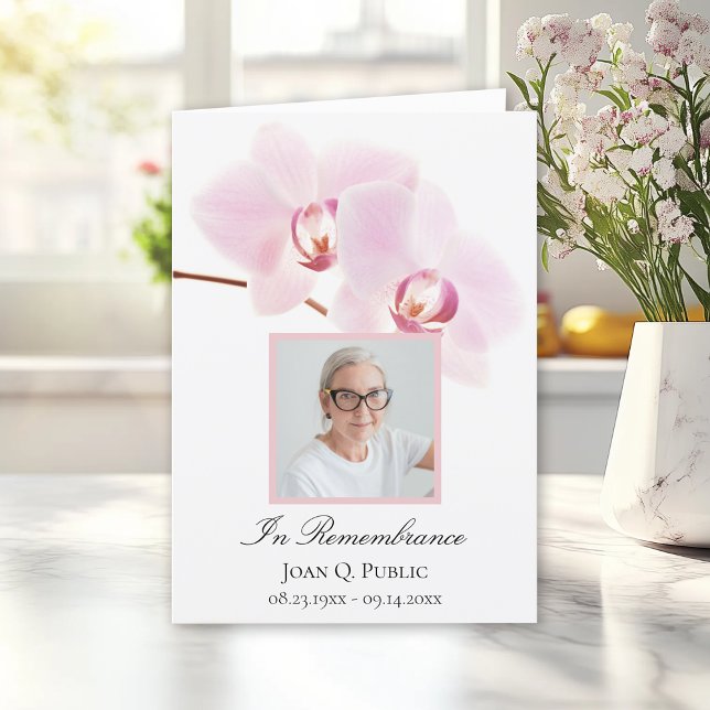 Pink Orchid Flower on White Funeral Service Folded Programme (Creator Uploaded)