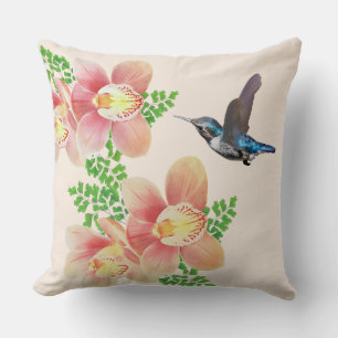 Pink orchid flowers & hummingbird on ivory cushion