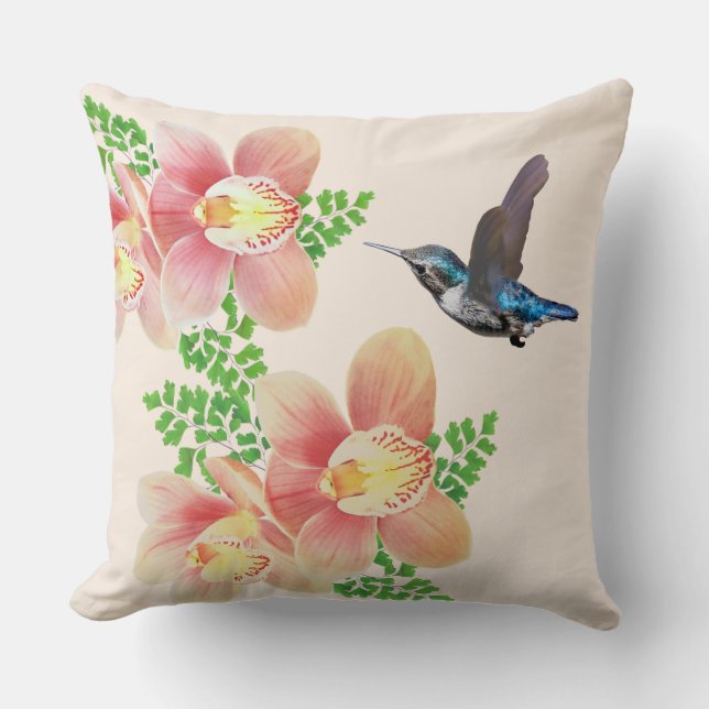 Pink orchid flowers & hummingbird on ivory cushion (Front)