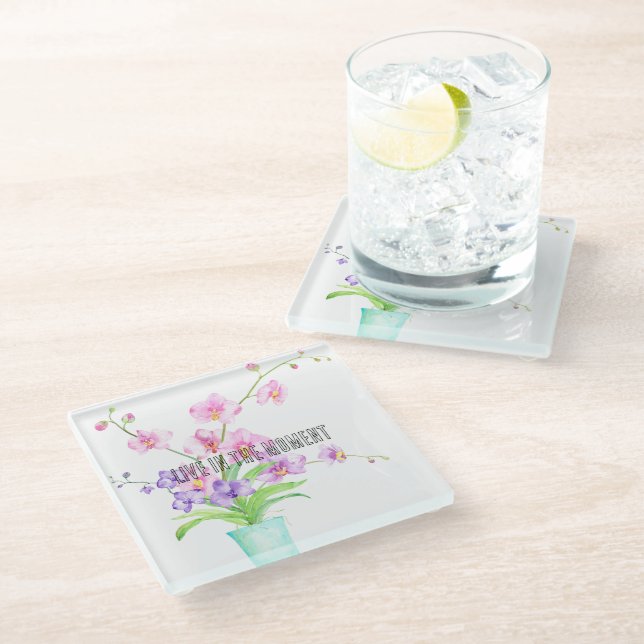 Pink Orchid Flowers in Vase Glass Coaster (Angled)