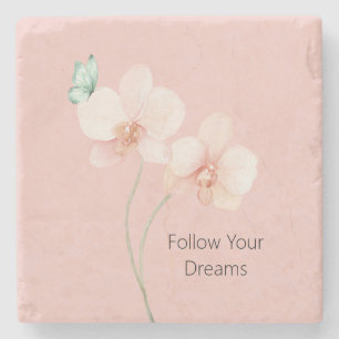 Pink Orchid Flowers Mint Green Butterfly Stone Coaster