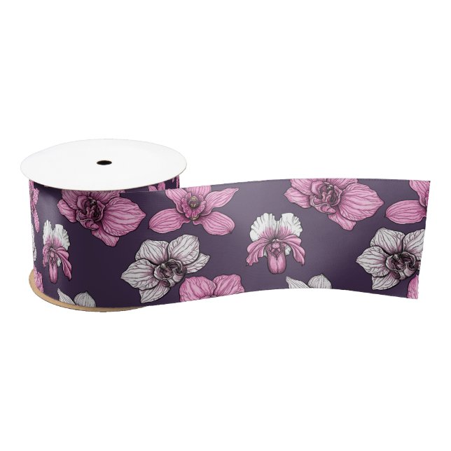 Pink orchid flowers satin ribbon (Spool)