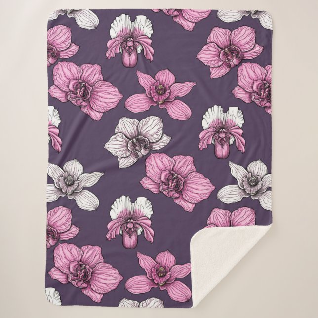 Pink orchid flowers sherpa blanket (Front)
