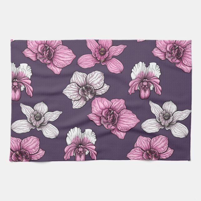 Pink orchid flowers tea towel (Horizontal)