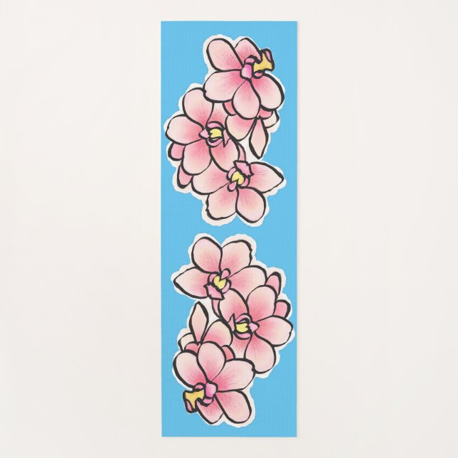 Pink Orchid Flowers Watercolor Design Yoga Mat (Front)