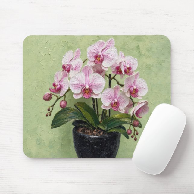 Pink Orchid Impasto Artwork Mouse Mat (With Mouse)