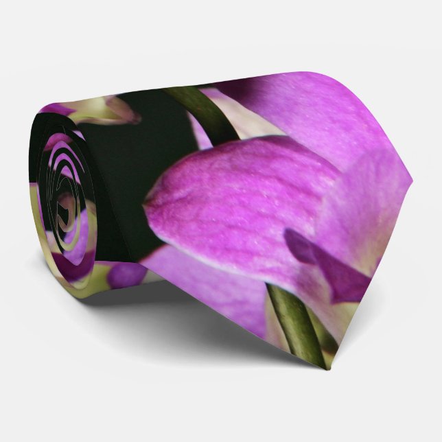 Pink Orchid On A Black Background Tie (Rolled)