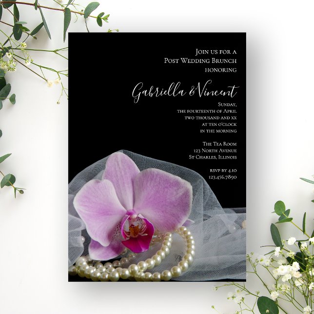 Pink Orchid Pearls on Black Post Wedding Brunch Invitation (Creator Uploaded)