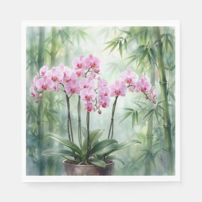 Pink Orchid Plant On Bamboo Background Napkin (Front)