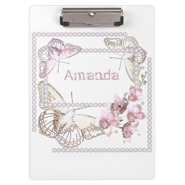 Pink Orchid, rhinestones, butterfly, delicate Clipboard (Front)
