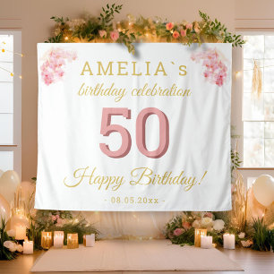 Pink Orchid Watercolor 50th Birthday Backdrop Tapestry