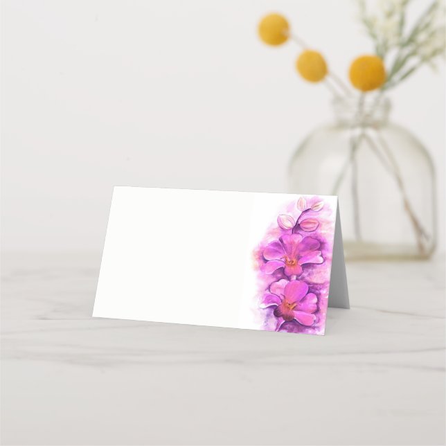 Pink orchid watercolor art guest place cards (Front)