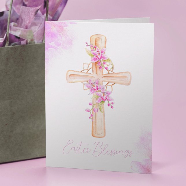 Pink orchid watercolor cross flowers Easter Card (Creator Uploaded)