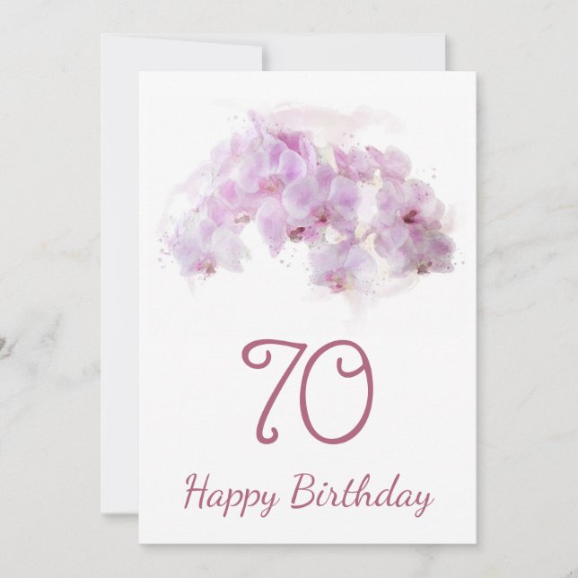 Pink Orchid Watercolor Floral 70th Birthday Card (Front)