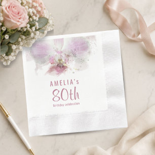 Pink Orchid Watercolor Floral 80th Birthday Party Napkin