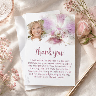 Pink Orchid Watercolor Floral Birthday Party Thank You Card