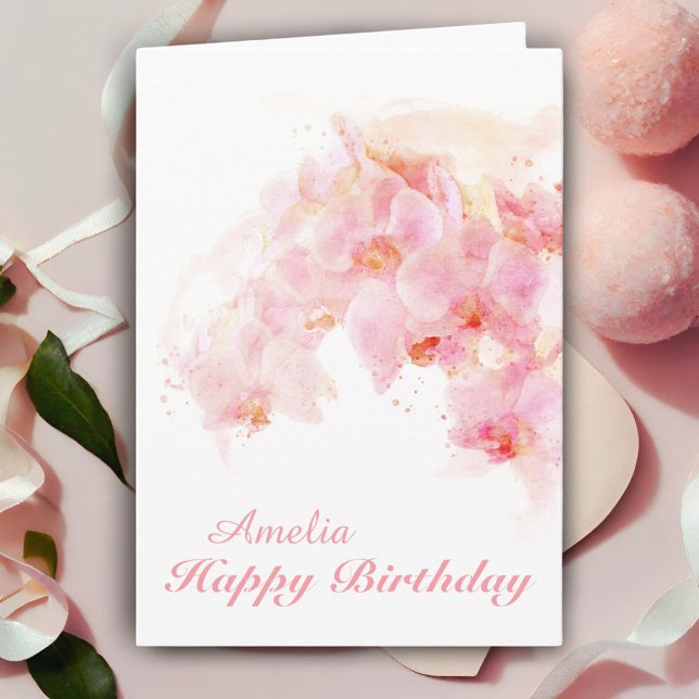 Pink Orchid Watercolor Flower Birthday Card (Creator Uploaded)