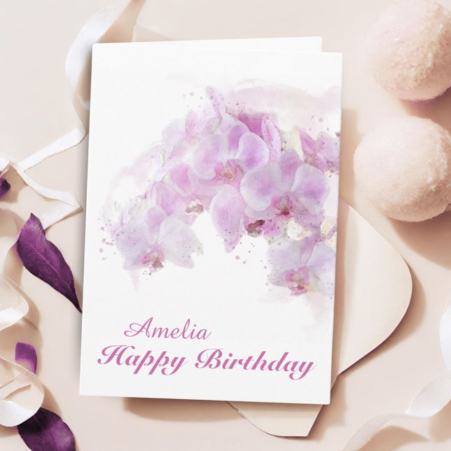 Pink Orchid Watercolor Flower Birthday Card (Creator Uploaded)