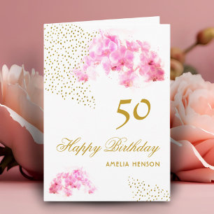 Pink Orchid Watercolor Gold Glitter 50th Birthday Card