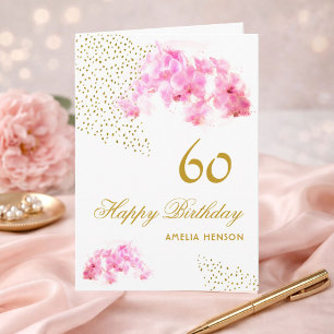 Pink Orchid Watercolor Gold Glitter 60th Birthday Card