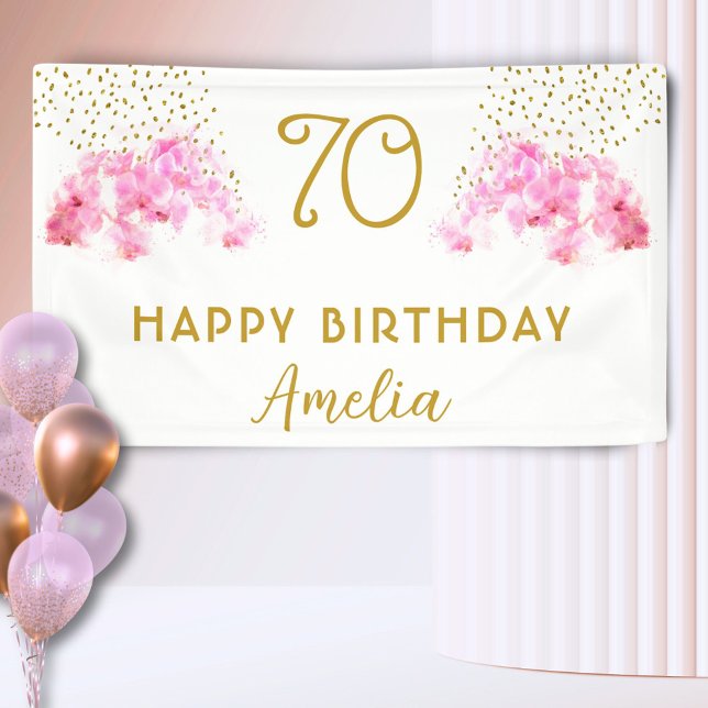 Pink Orchid Watercolor Gold Glitter 70th Birthday  Banner (Creator Uploaded)