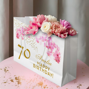 Pink Orchid Watercolor Gold Glitter 70th Birthday Large Gift Bag