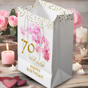 Pink Orchid Watercolor Gold Glitter 70th Birthday Medium Gift Bag