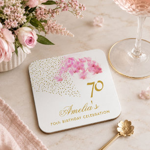 Pink Orchid Watercolor Gold Glitter 70th Birthday Square Paper Coaster