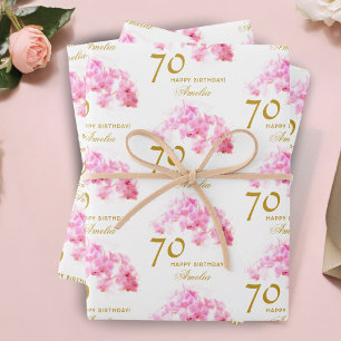 Pink Orchid Watercolor Gold Glitter 70th Birthday Wrapping Paper Sheet