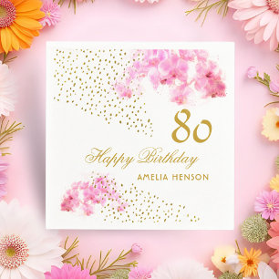 Pink Orchid Watercolor Gold Glitter 80th Birthday Napkin