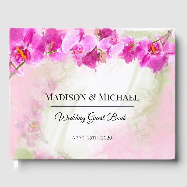 Pink Orchid Watercolor Splash Guest Book (Front)