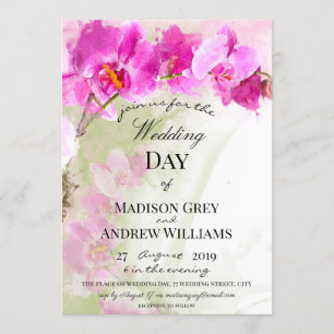 Pink Orchid Watercolor Splash Wedding Invitation