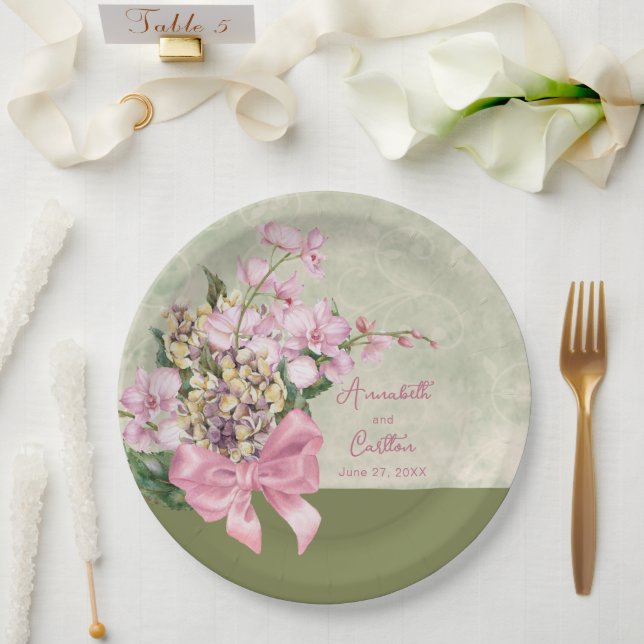 Pink Orchid Watercolor Wedding Paper Plates (Wedding)