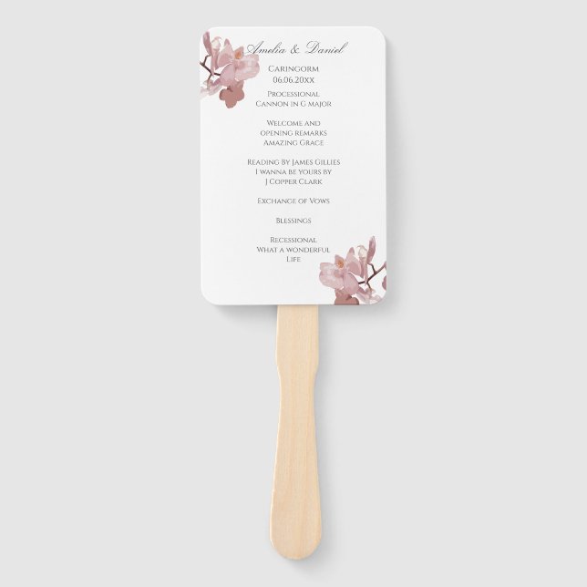 Pink Orchid Wedding Ceremony Program Hand Fan (Front)