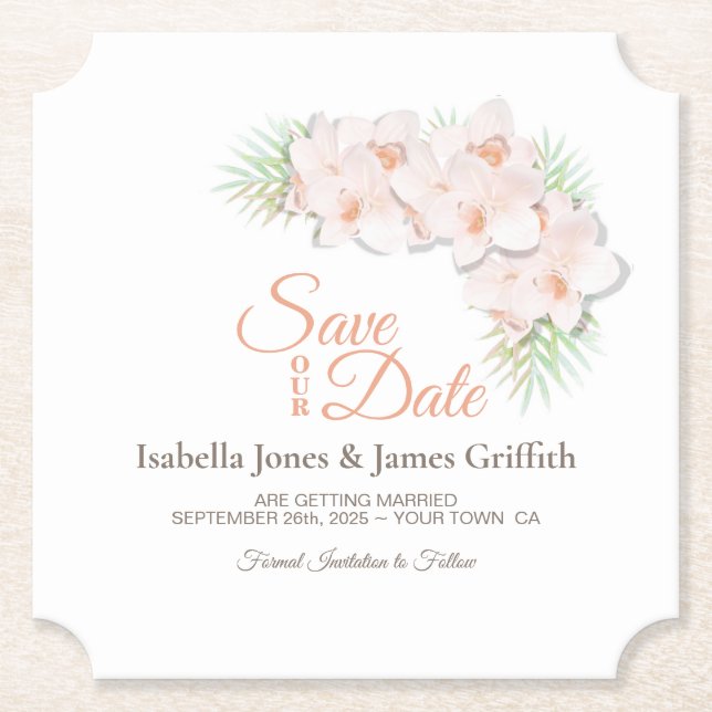 Pink Orchid Wedding Save the Date Paper Coaster (Front)
