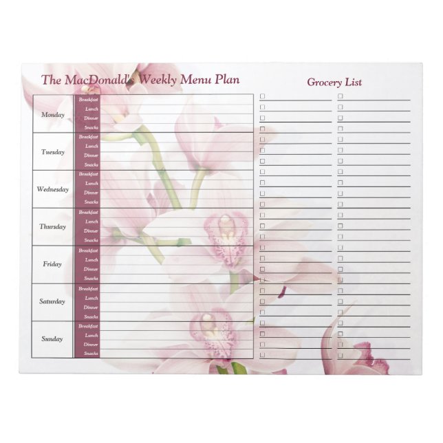 Pink Orchid Weekly Personalised Meal Planner Notepad (Front)