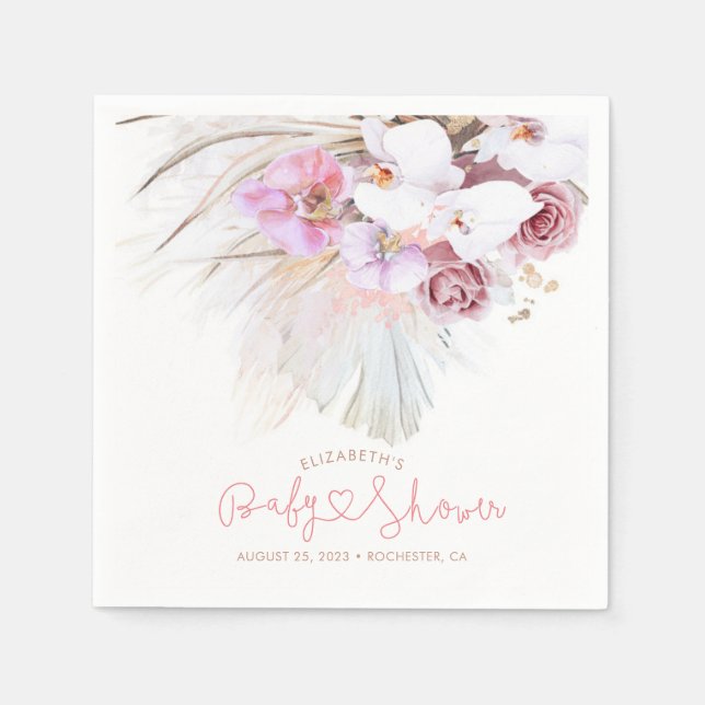 Pink Orchids and Pampas Grass Elegant Boho Napkin (Front)