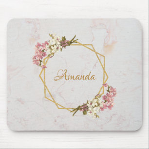 Pink Orchids Elegant Floral Girly Name Marble Gold Mouse Mat