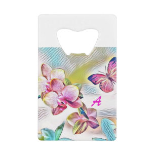 Pink orchids flowers and butterflies credit card b