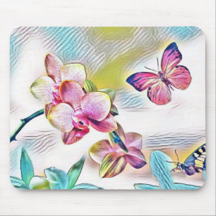 Pink orchids flowers and butterflies mouse mat