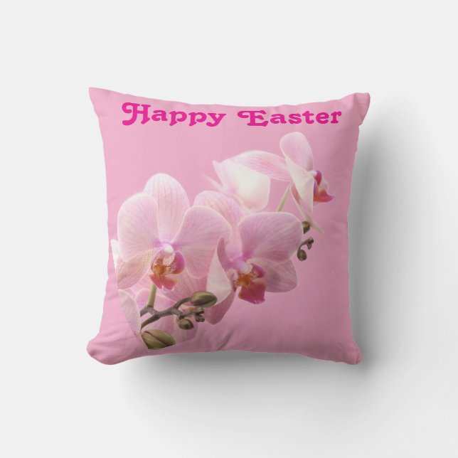 Pink Orchids “Happy Easter” Throw Pillow (Front)