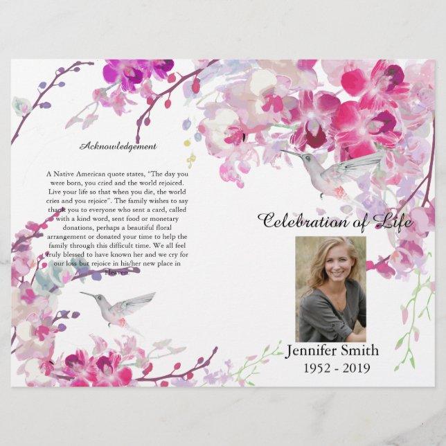 Pink Orchids Hummingbird Funeral Program Flyer (Front)