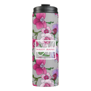 Pink Orchids In Bloom   Add Your Name Thermal Tumbler