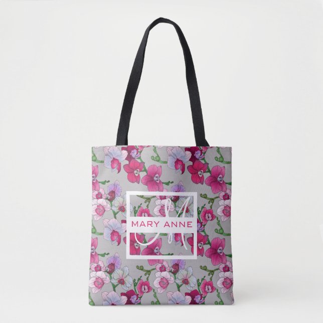Pink Orchids In Bloom | Add Your Name Tote Bag (Front)